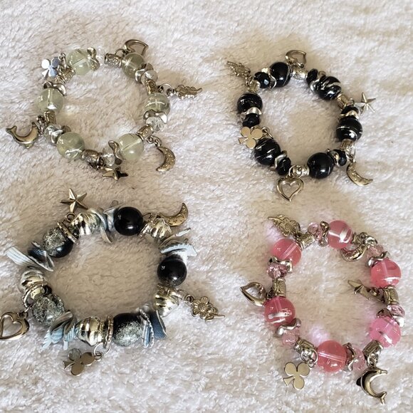 Set of four Bead Bracelets with Charms Pink Black Clear Grey - Picture 1 of 9